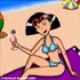 Fairy Godmother Jane sipping tropical drinks on the beach